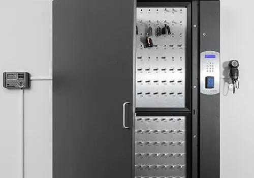 Digital key cabinet with key hooks and a control panel